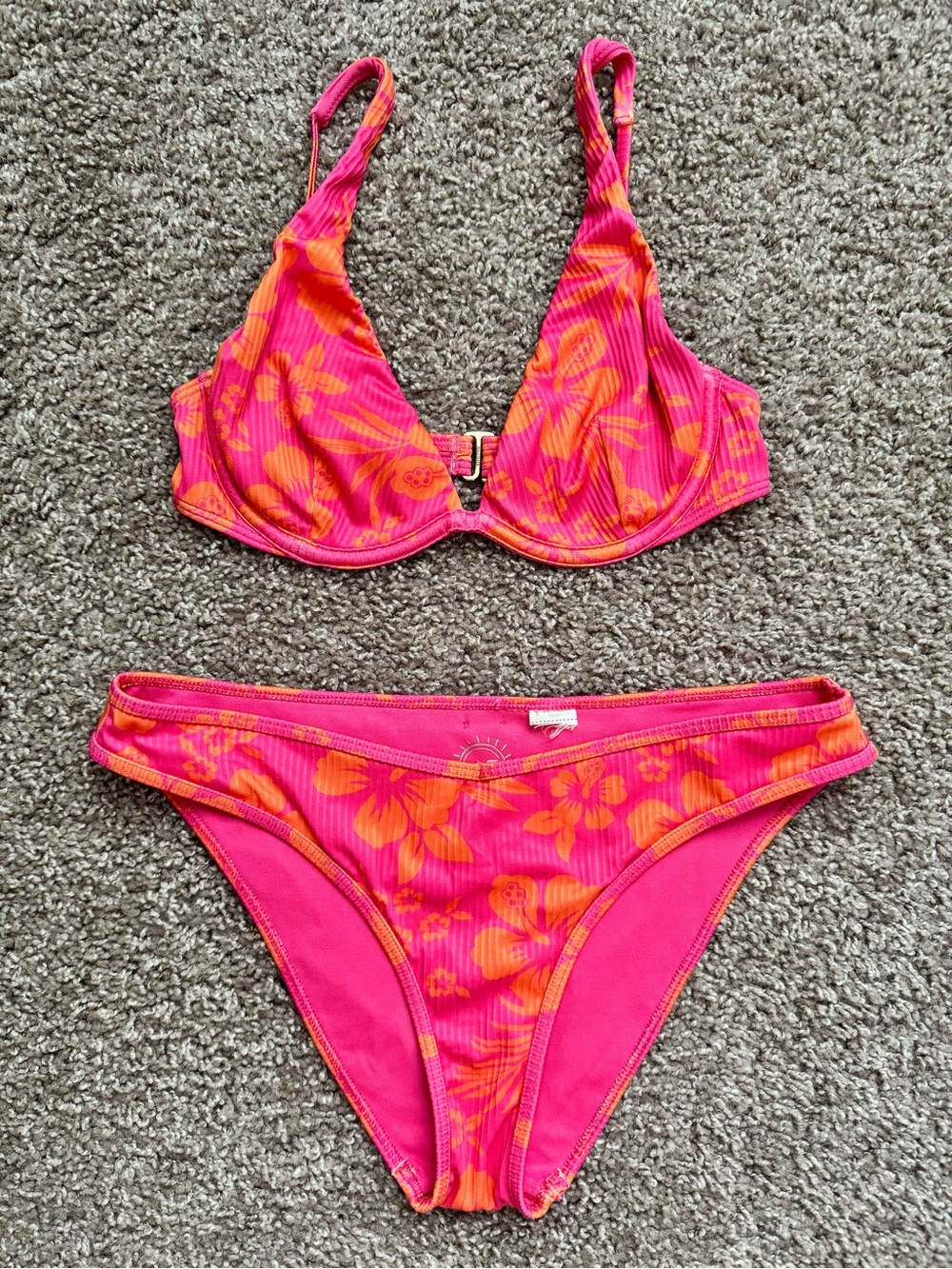 Hollister Swim Pink Tropical Floral Ribbed Bikini Set Y2K Small